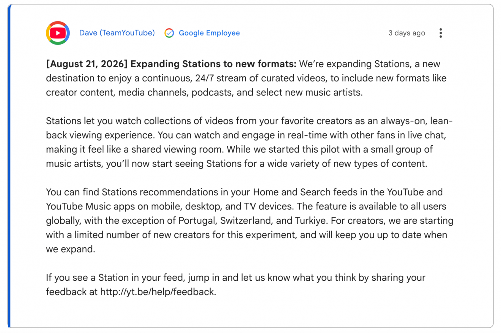 YouTube тестирует «Stations» для авторов, подкастеров и медиа