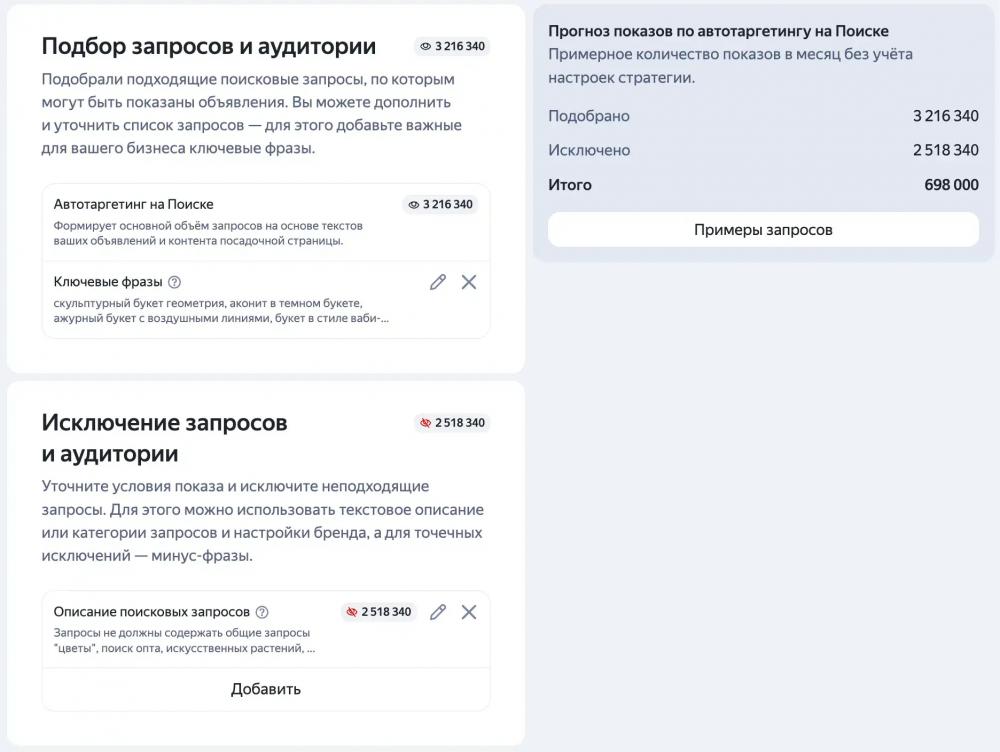 Яндекс Директ добавил описание поисковых запросов для настройки рекламы